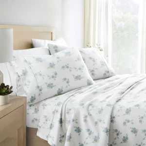 Light Blue Rose Bunch 4 Piece 100% Cotton Flannel Deep Pocket Sheet Set